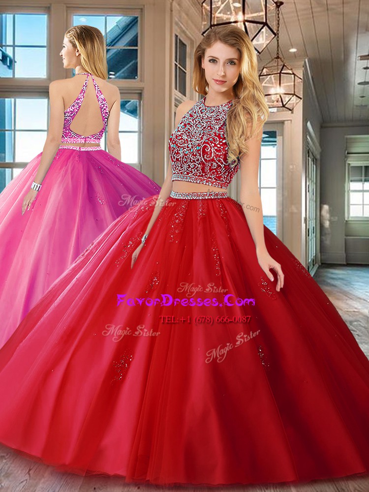 Elegant Red Scoop Backless Beading Sweet 16 Dress Sleeveless