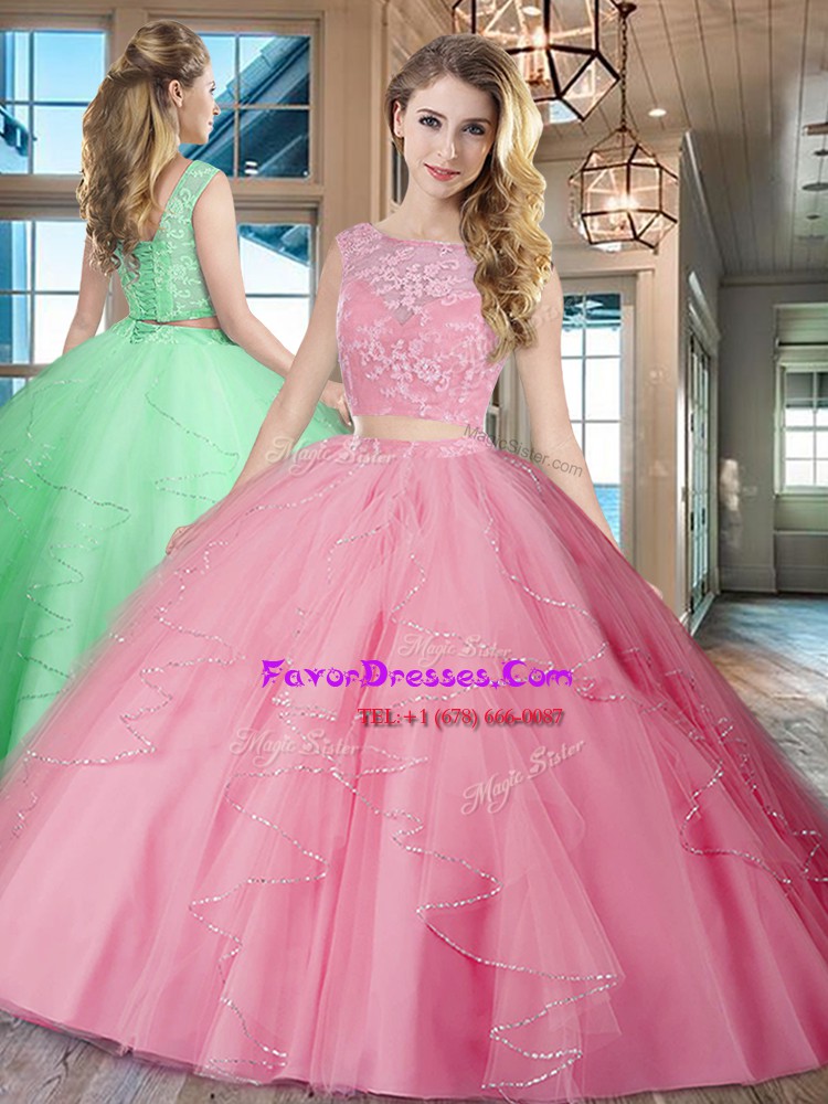  Brush Train Two Pieces Sweet 16 Quinceanera Dress Rose Pink Bateau Tulle Sleeveless With Train Lace Up