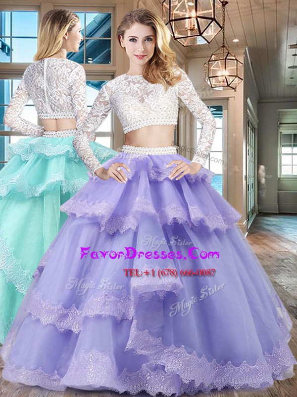  Scoop Beading and Lace and Ruffled Layers Quince Ball Gowns Lavender Zipper Long Sleeves Floor Length
