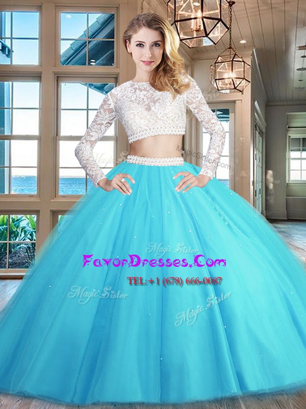 Discount Scoop Baby Blue Long Sleeves Beading and Lace Floor Length Quinceanera Gowns