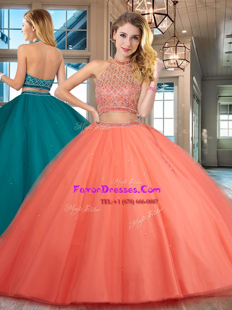 Traditional Orange Red Quince Ball Gowns Military Ball and Sweet 16 and Quinceanera and For with Beading Halter Top Sleeveless Backless