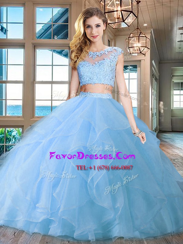 Custom Fit Scoop Light Blue Organza Zipper Sweet 16 Dresses Cap Sleeves With Brush Train Beading and Appliques and Ruffles