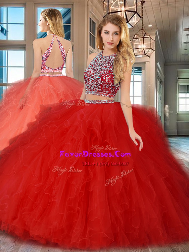 Fantastic Two Pieces Ball Gown Prom Dress Red Scoop Tulle Sleeveless Floor Length Backless