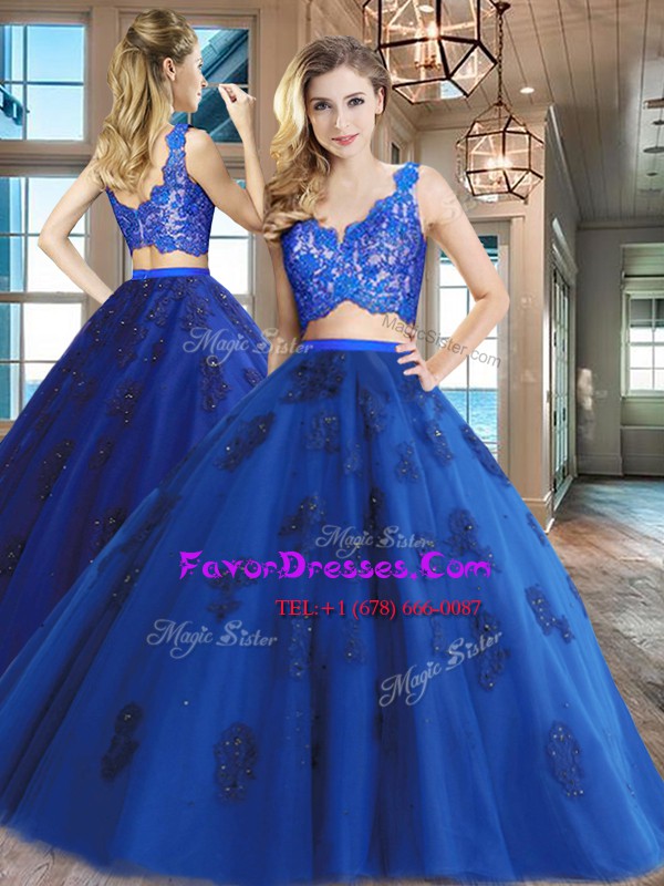 Adorable Royal Blue V-neck Zipper Lace and Appliques Ball Gown Prom Dress Sleeveless