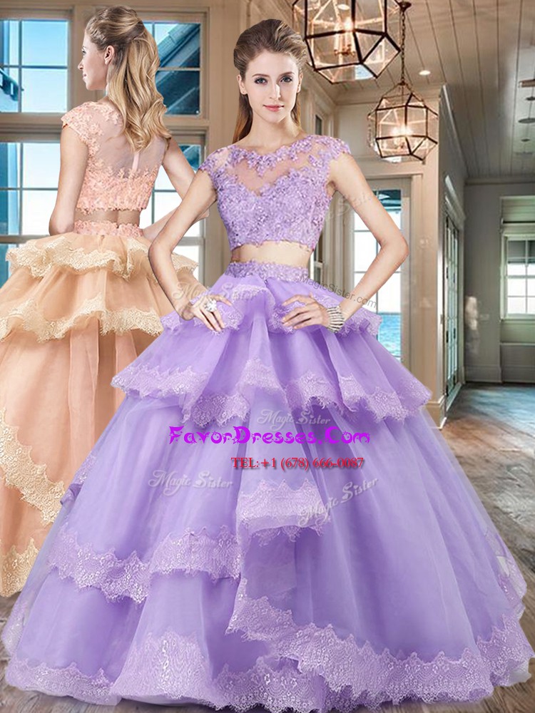  Scoop Beading and Lace and Appliques and Ruffled Layers Vestidos de Quinceanera Lavender Zipper Cap Sleeves Floor Length