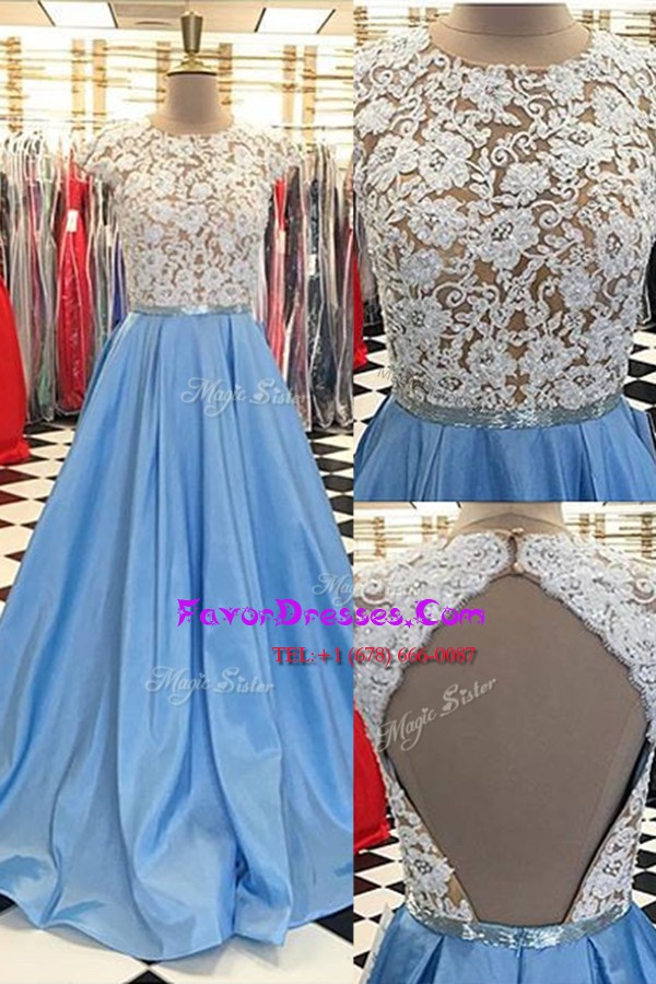 Designer Scoop A-line Cap Sleeves Blue Prom Dresses Sweep Train Backless