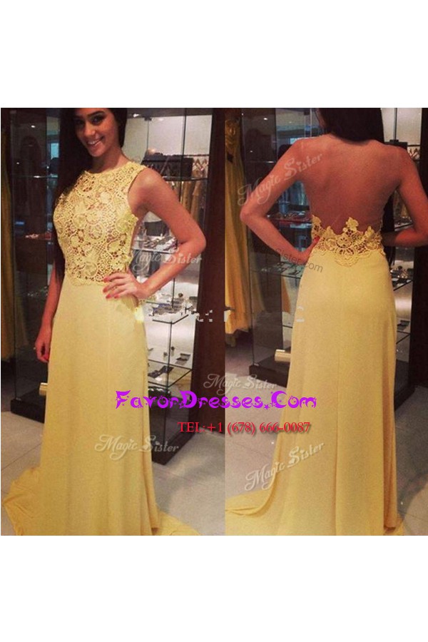 Dynamic Yellow A-line Chiffon and Tulle Scoop Sleeveless Lace Floor Length Backless Prom Evening Gown