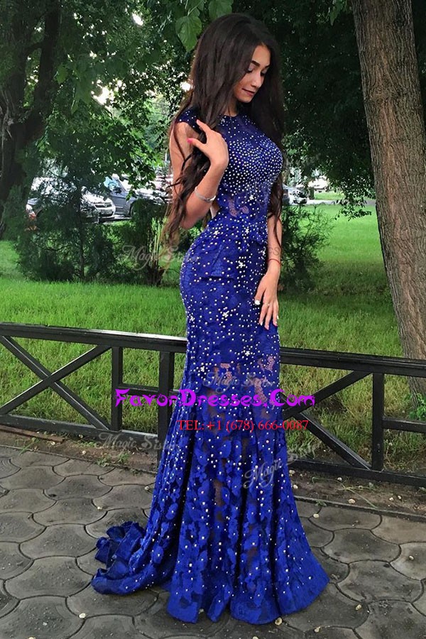 High End Mermaid Scoop Lace Royal Blue Sleeveless Sweep Train Beading With Train Prom Dress