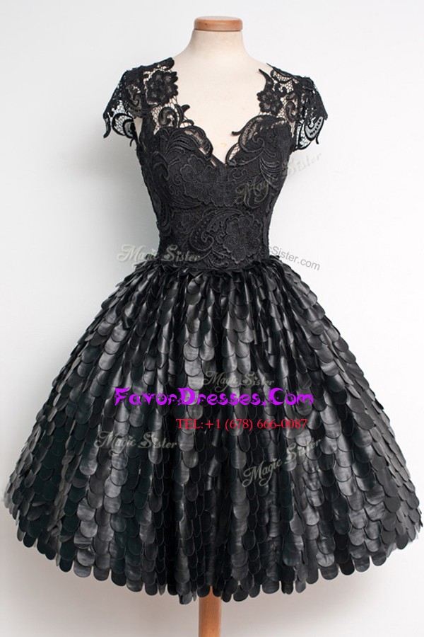 Modest V-neck Cap Sleeves Lace Homecoming Dress Lace Zipper