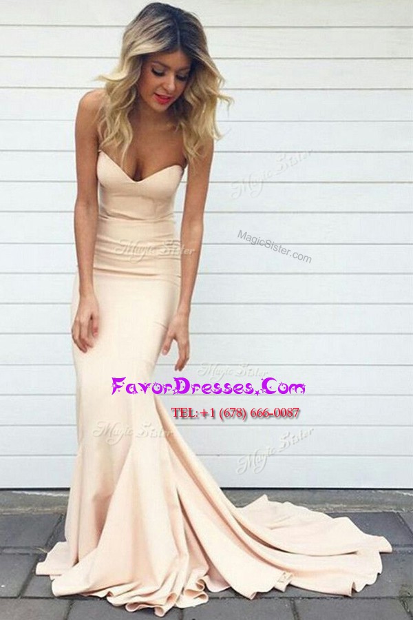  Mermaid Sleeveless Ruching Zipper Prom Evening Gown with Champagne Court Train