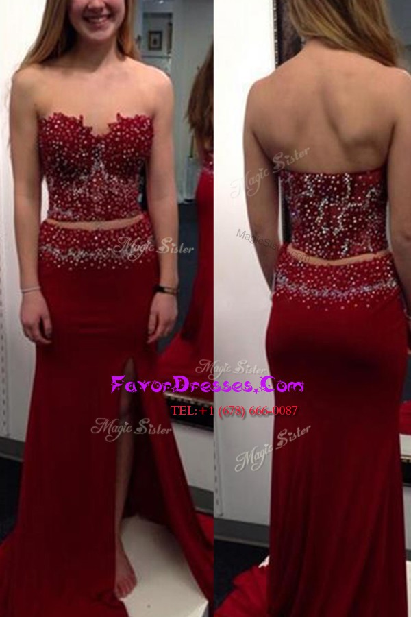 Luxurious Sweetheart Sleeveless Prom Dress With Train Sweep Train Beading Wine Red Elastic Woven Satin