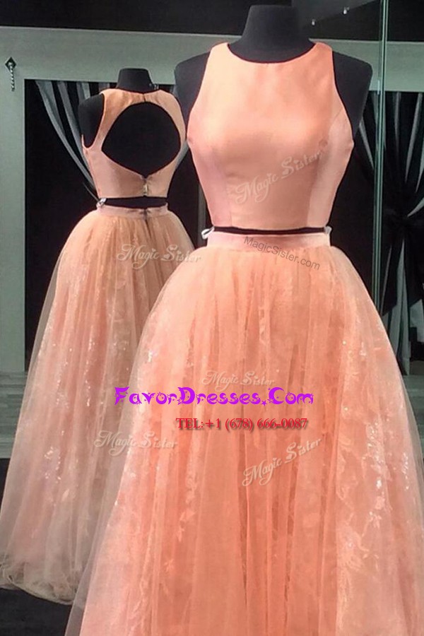  Peach Scoop Neckline Beading and Lace Prom Evening Gown Sleeveless Backless
