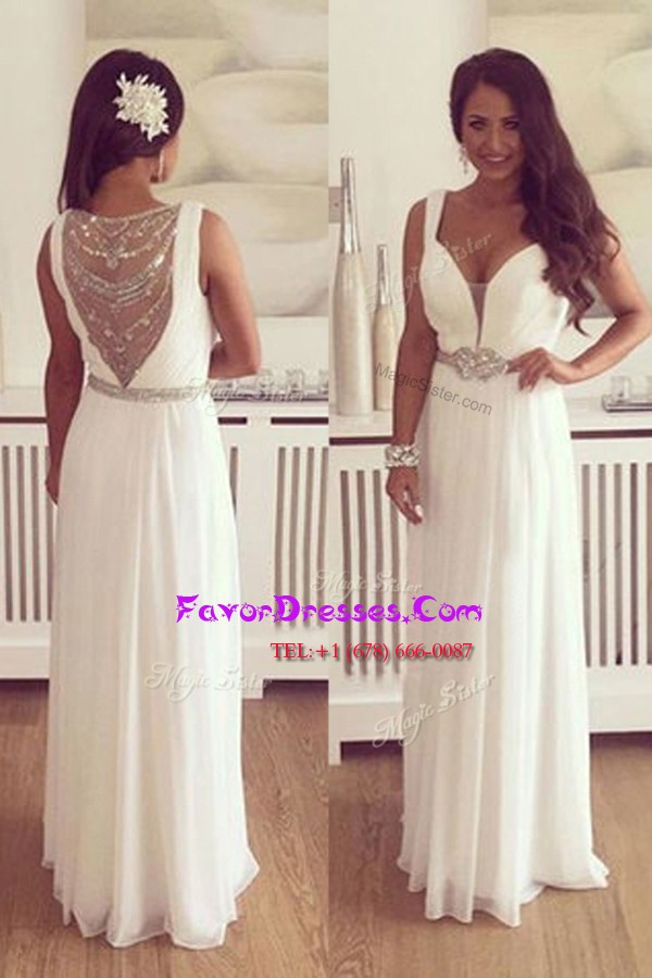 Affordable Floor Length Zipper Homecoming Dress White for Prom with Beading and Belt