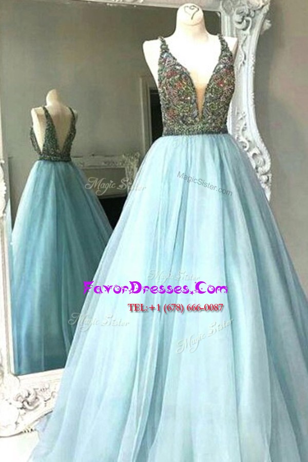  Sleeveless Chiffon Floor Length Backless Prom Gown in Light Blue with Beading