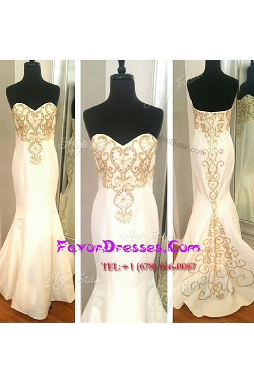 Trendy Mermaid Floor Length White Dress for Prom Elastic Woven Satin Sleeveless Beading and Appliques