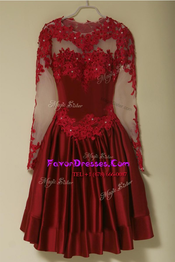 Nice Wine Red Zipper Scoop Appliques Homecoming Dress Satin Long Sleeves