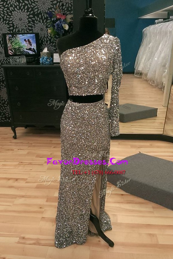  Silver Prom Dresses Prom and Party and For with Beading One Shoulder Long Sleeves Sweep Train Zipper