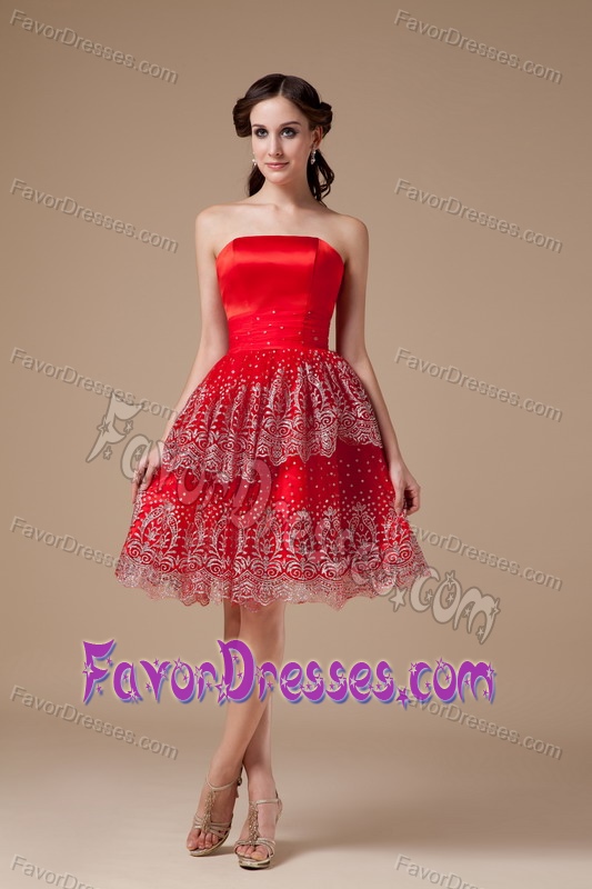 Inexpensive Strapless Red Mini-length Beaded Prom Party Dresses for Girls