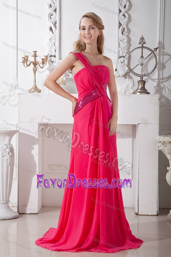 Discount One Shoulder Hot Pink Prom Dresswith Sequins