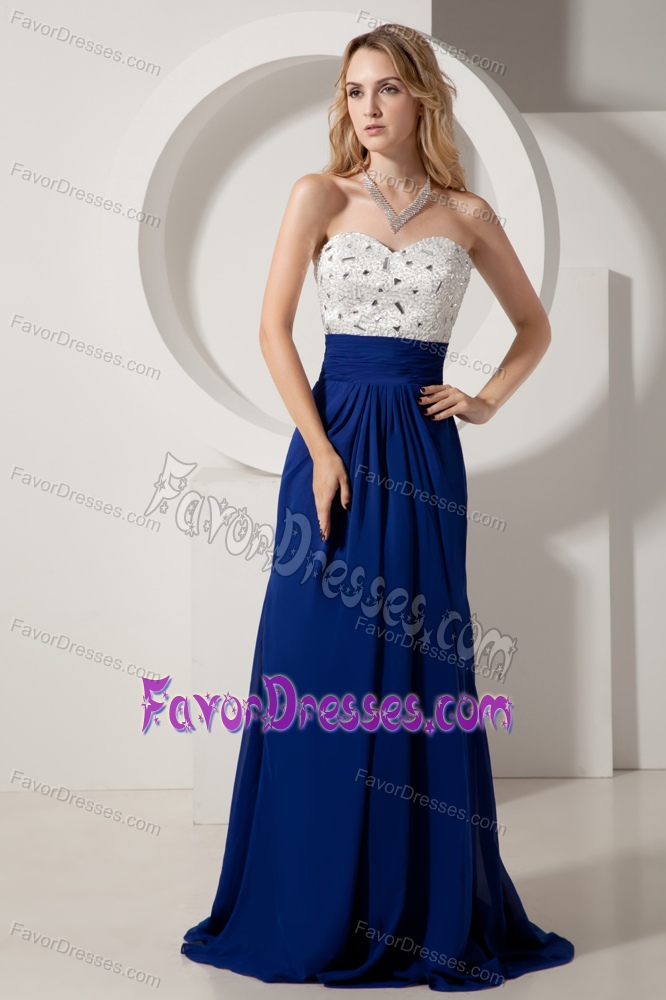 Modest Sweetheart White and Blue Beaded Prom Pageant Dress for Spring