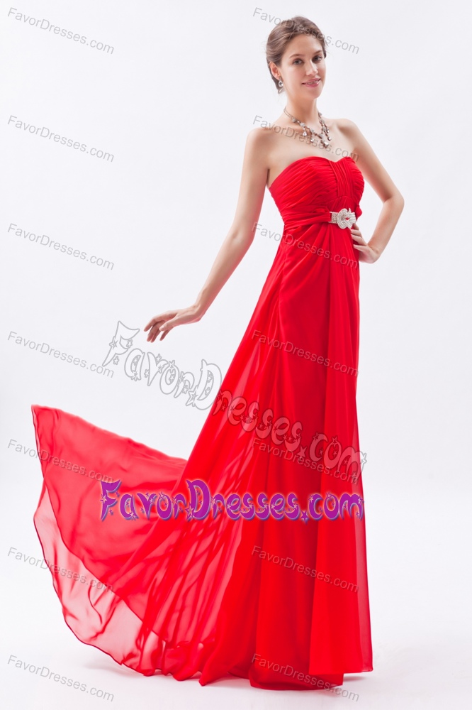 Modest Strapless Red Chiffon Full-length Prom Pageant Dress with Beading