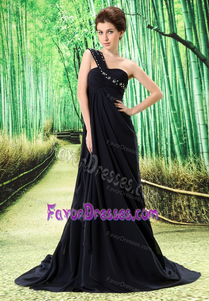 Brand New One Shoulder Black Court Train Dress for Prom with Appliques