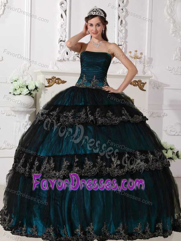 Elegant Strapless Blue and Black Dress for Quinceanera in Taffeta and Tulle
