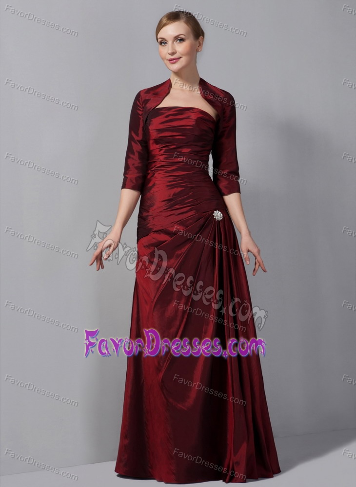Wine Red Column Strapless Taffeta Ruched Mother Bride Guests Dress for 2014