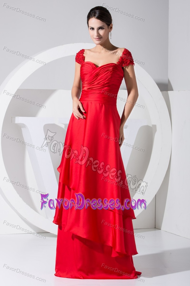 Best Applique Ruched Sweetheart Red Mothers Dresses with Cap Sleeves
