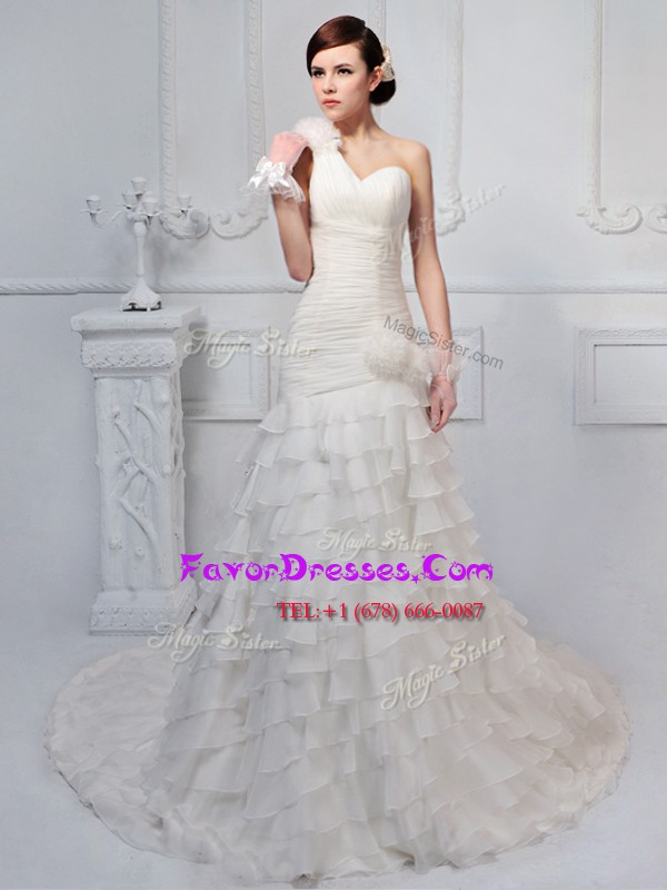  Ruffled White Wedding Gown One Shoulder Sleeveless Brush Train Lace Up