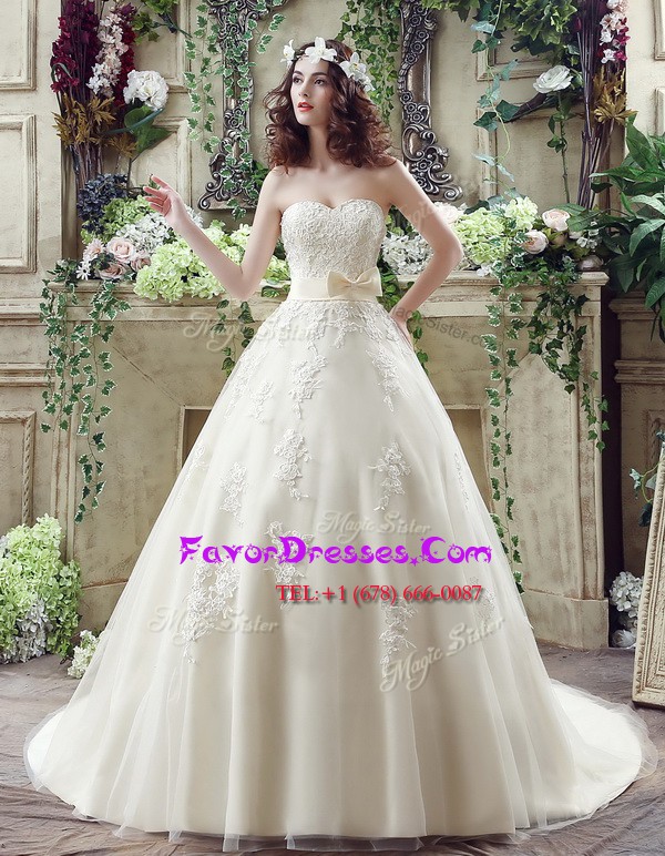 Decent Tulle Sweetheart Sleeveless Court Train Lace Up Lace and Appliques and Bowknot Wedding Dress in Champagne