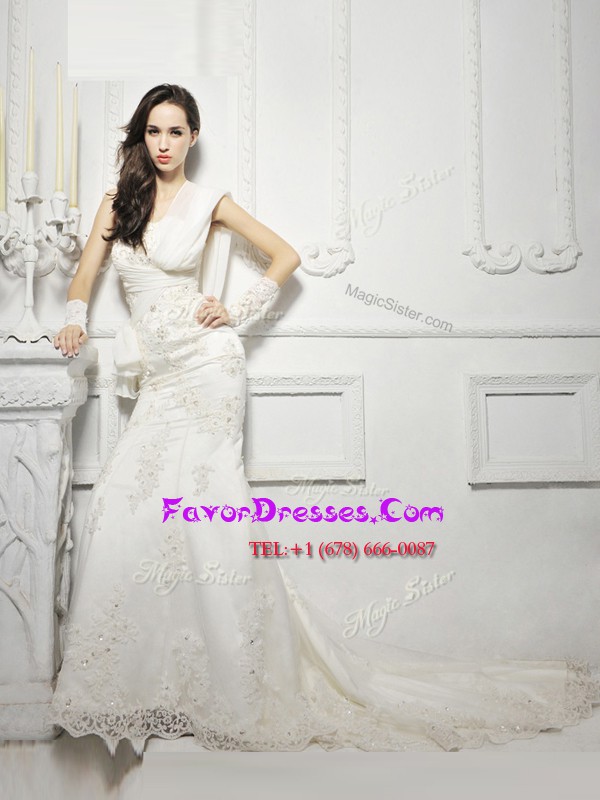  One Shoulder Cap Sleeves Tulle Wedding Gown Lace and Appliques Court Train Zipper
