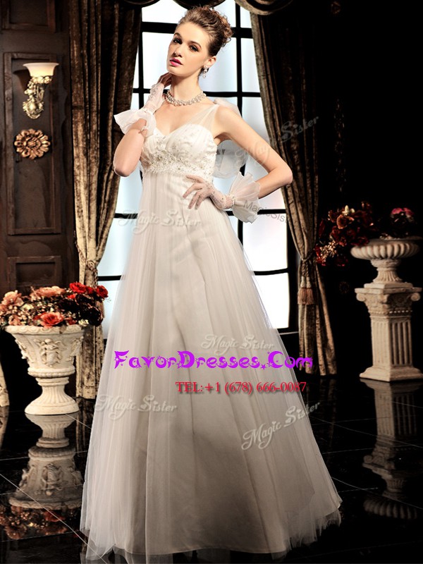  Sleeveless Tulle Floor Length Lace Up Wedding Dress in White with Beading