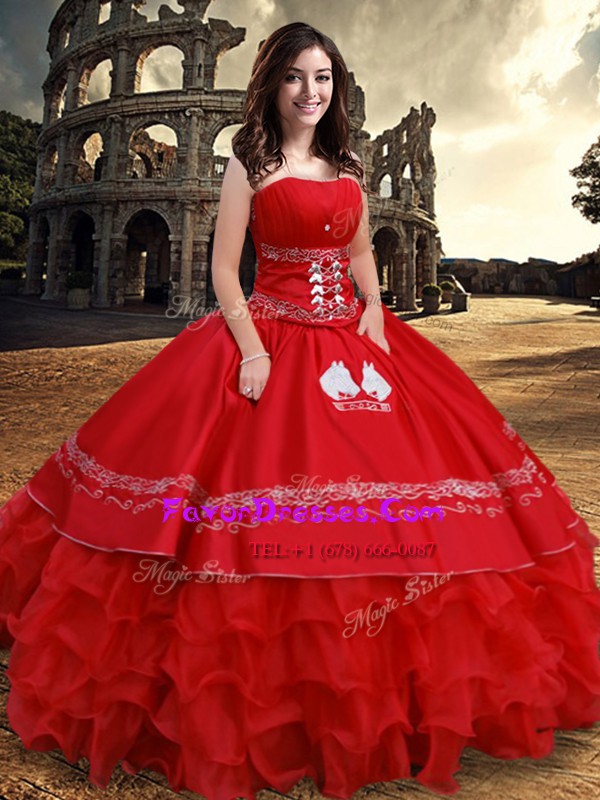 Popular Red Vestidos de Quinceanera Military Ball and Sweet 16 and Quinceanera and For with Embroidery and Ruffled Layers Strapless Sleeveless Lace Up