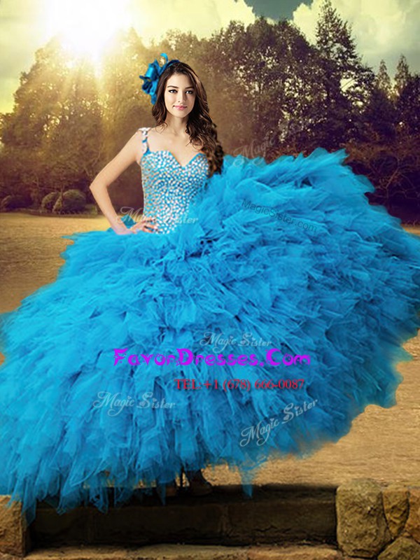  Baby Blue Tulle Lace Up Straps Sleeveless Floor Length Sweet 16 Dress Beading and Ruffles