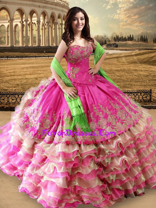  Hot Pink Organza and Taffeta Lace Up Sweetheart Sleeveless Floor Length Quinceanera Gowns Beading and Embroidery and Ruffled Layers