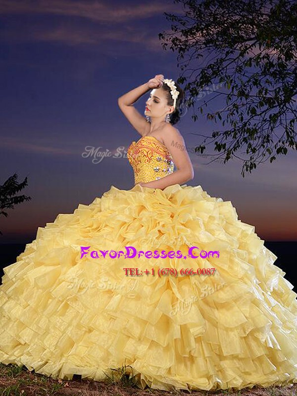 Decent Gold Sweet 16 Quinceanera Dress Military Ball and Sweet 16 and Quinceanera and For with Beading and Ruffled Layers Sweetheart Sleeveless Lace Up