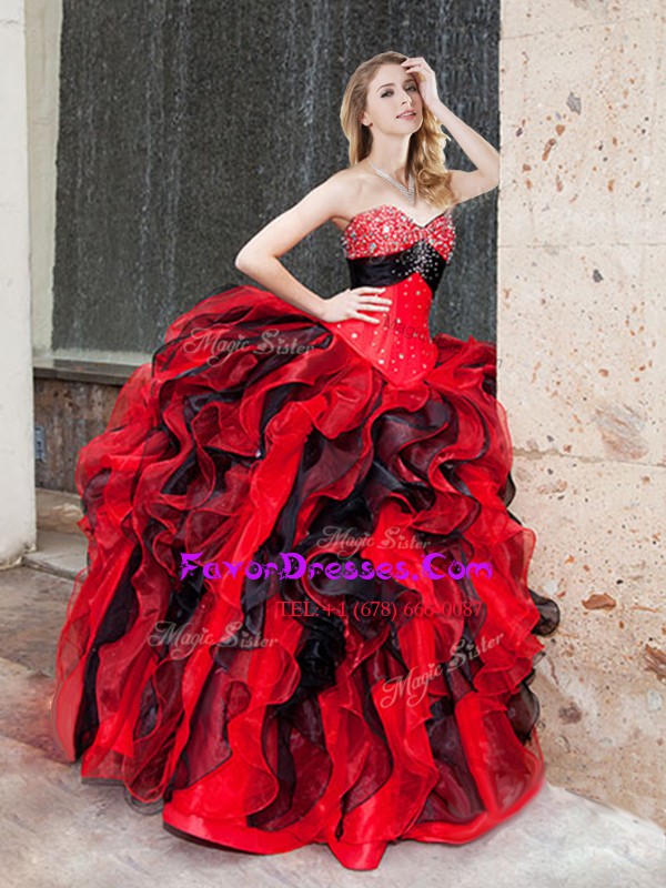 Cute Floor Length Black and Red Quinceanera Gown Organza Sleeveless Beading and Ruffles