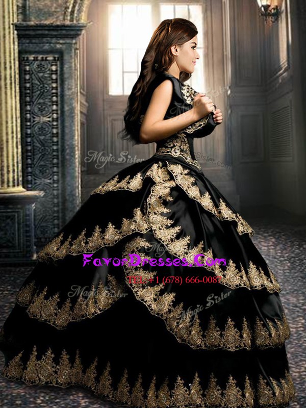 Black Ball Gowns Appliques and Ruffled Layers Quinceanera Gown Lace Up Taffeta Sleeveless Floor Length