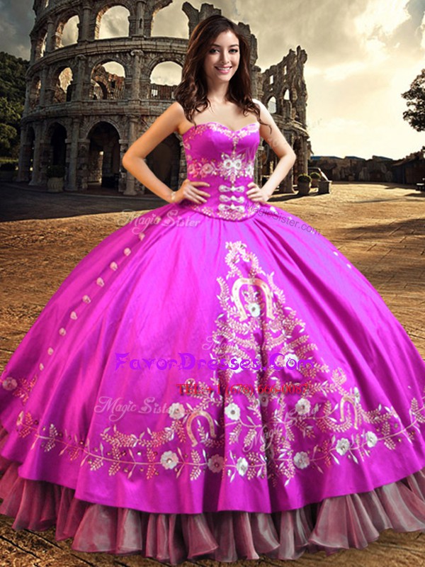 Decent Fuchsia Ball Gowns Satin Sweetheart Sleeveless Embroidery Floor Length Lace Up Sweet 16 Dresses