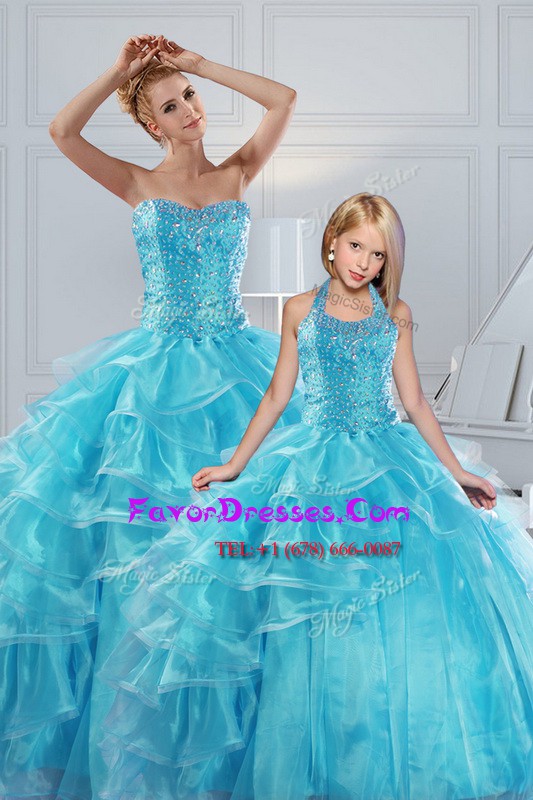  Floor Length Aqua Blue Sweet 16 Dresses Organza Sleeveless Beading and Ruffled Layers