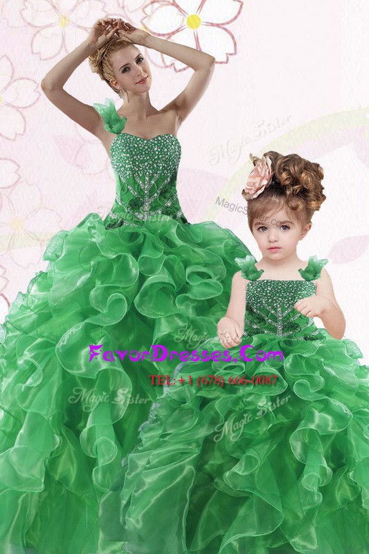  One Shoulder Green Sleeveless Beading and Ruffles Floor Length Sweet 16 Dresses