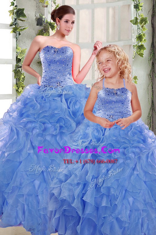  Blue Sleeveless Beading and Ruffles Floor Length Sweet 16 Dresses