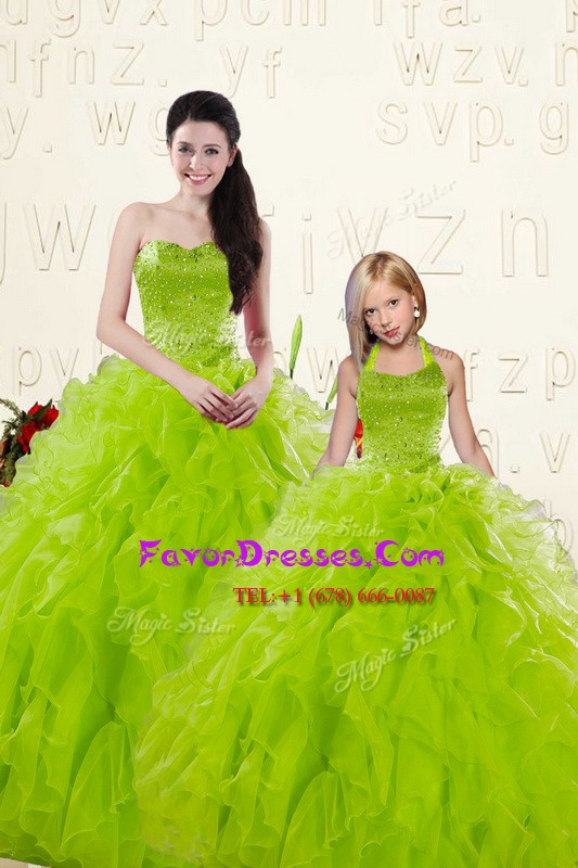 Free and Easy Yellow Green Ball Gowns Sweetheart Sleeveless Organza Floor Length Lace Up Beading and Ruffles Quince Ball Gowns
