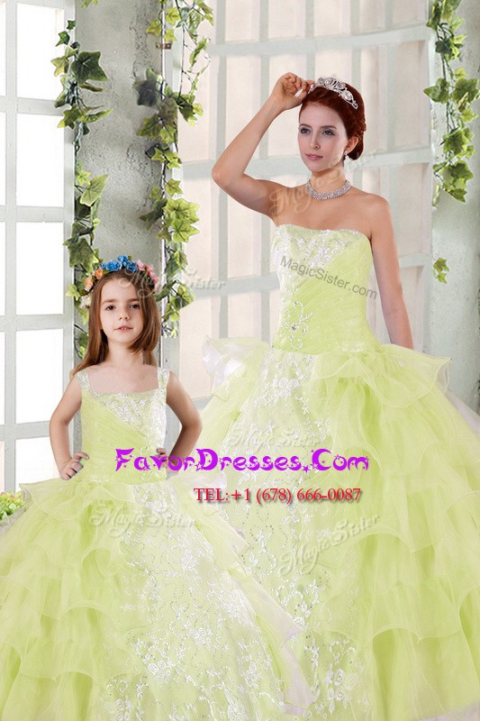  Light Yellow Lace Up Strapless Beading and Ruffled Layers and Ruching Quinceanera Dress Organza Sleeveless