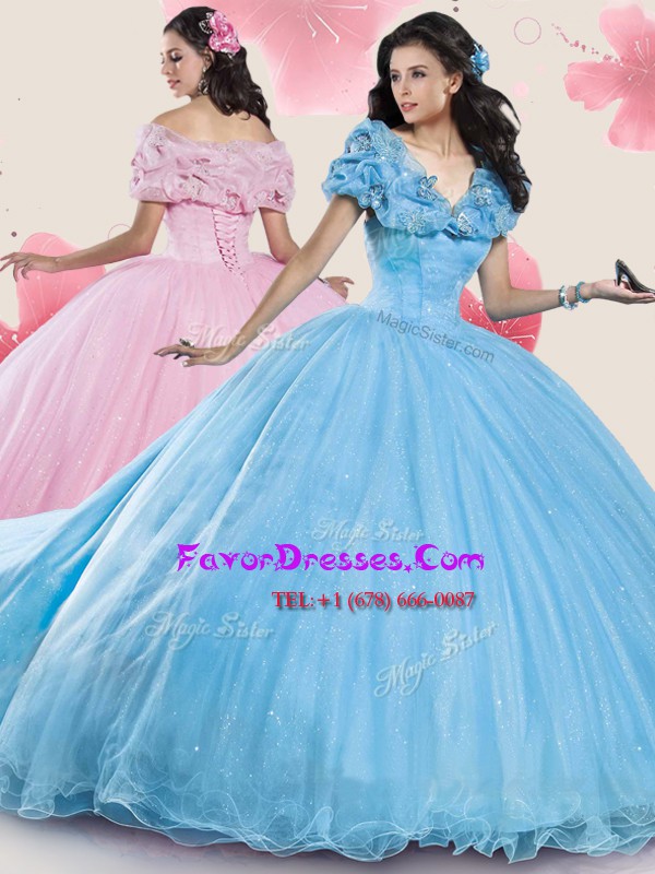  Sequins With Train Baby Blue 15th Birthday Dress Off The Shoulder Cap Sleeves Court Train Lace Up