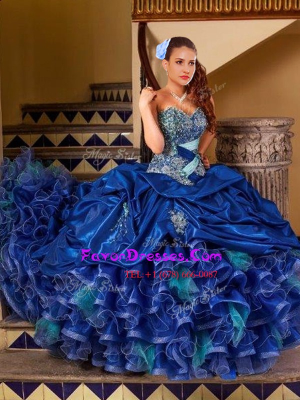  Navy Blue Ball Gowns Sweetheart Sleeveless Taffeta and Tulle Court Train Lace Up Ruffled Layers Quinceanera Dress