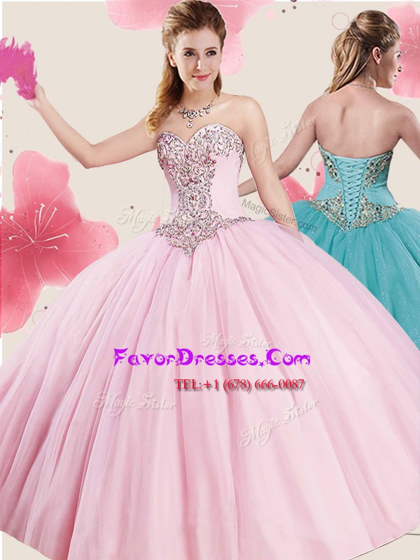  Beading 15 Quinceanera Dress Baby Pink Lace Up Sleeveless Floor Length