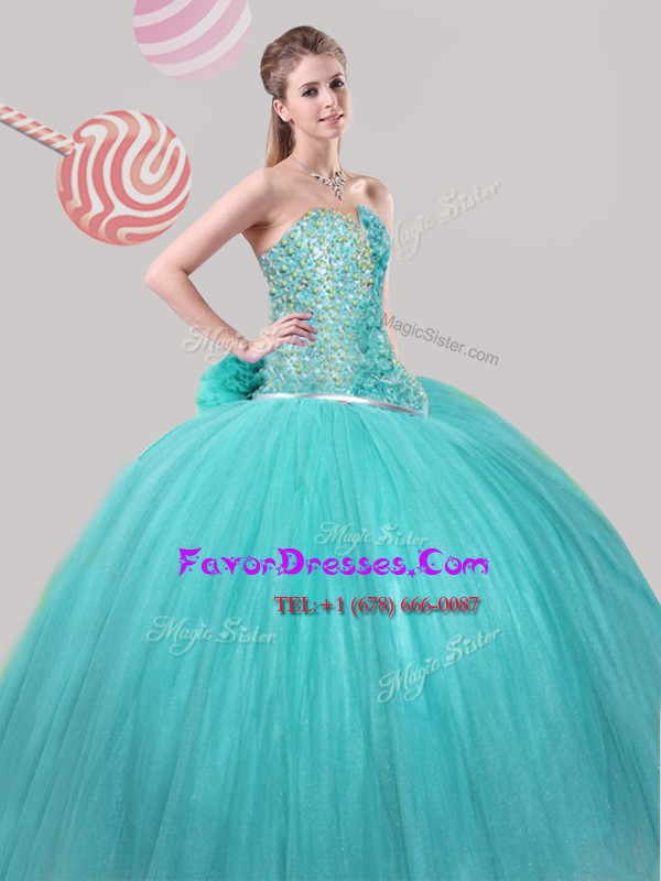  Sweetheart Sleeveless Tulle Ball Gown Prom Dress Beading and Hand Made Flower Lace Up
