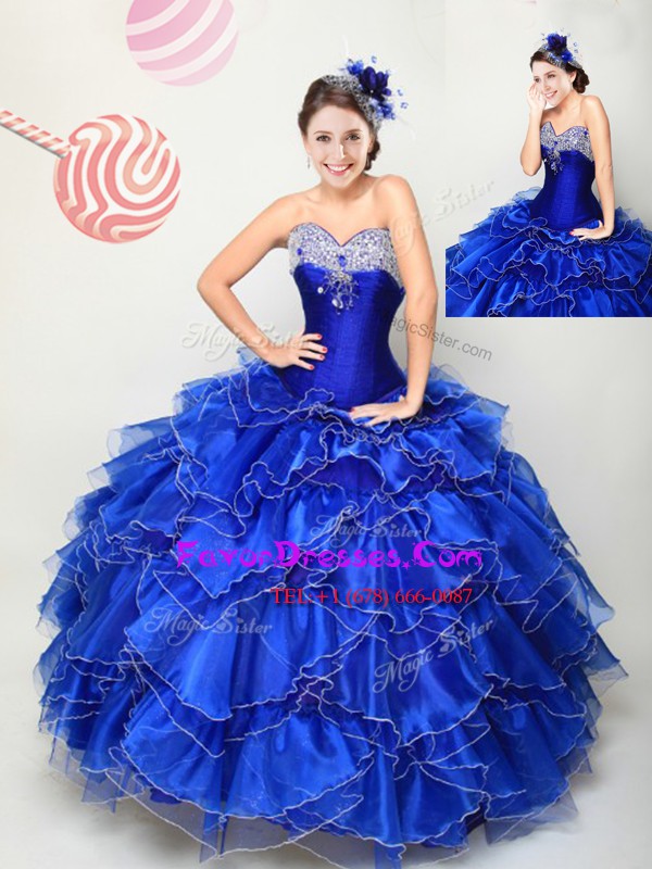  Organza Sweetheart Sleeveless Lace Up Beading and Ruffles Quinceanera Dresses in Royal Blue
